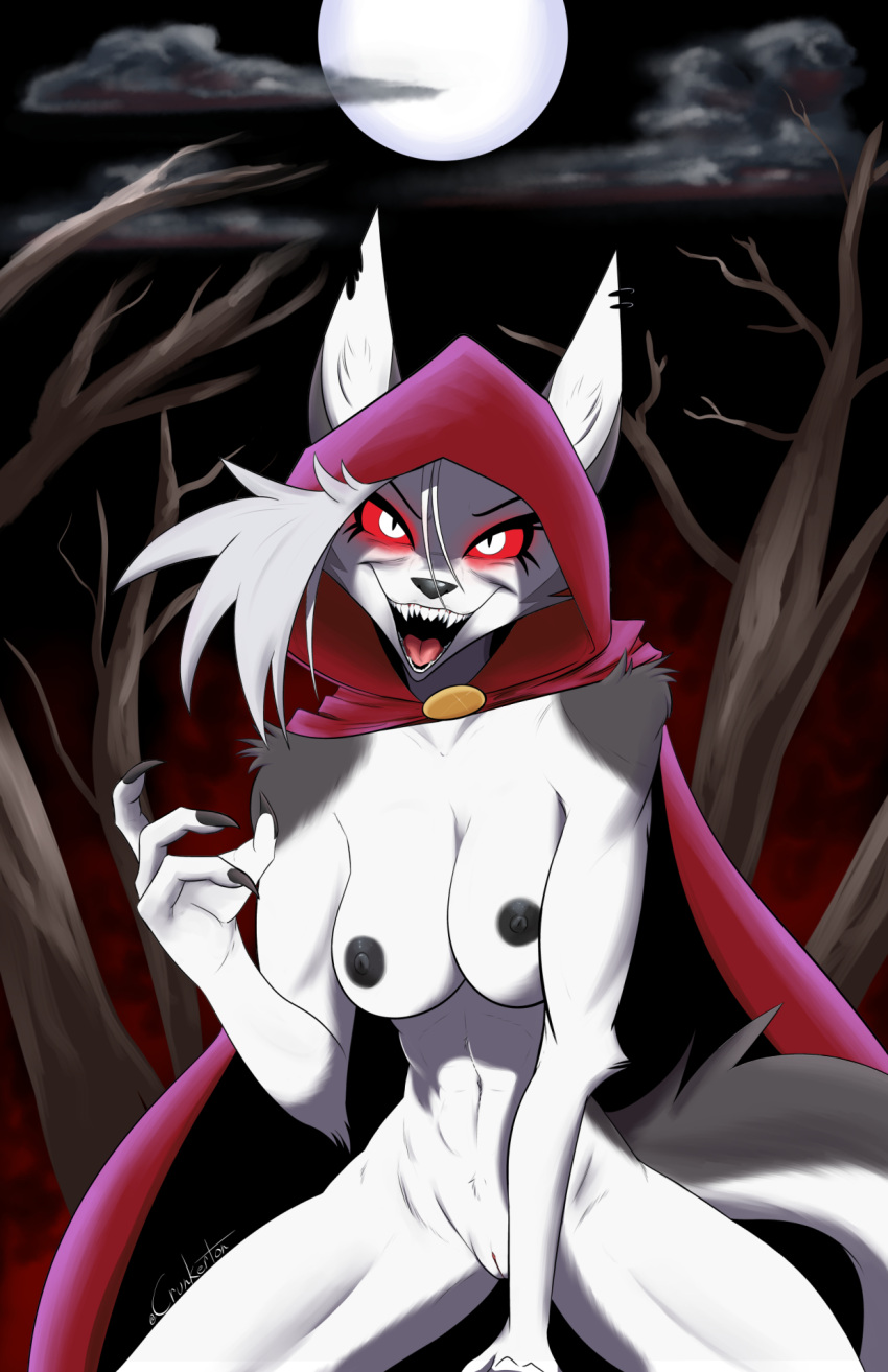 anthro breasts canid canid_demon canine cloak_only clothed clothed/nude clothing crunkerton demon ear_piercing female forest genitals hair hellhound helluva_boss hi_res legwear leotard loona_(helluva_boss) mammal navel night nude piercing plant pussy red_eyes solo teeth tree