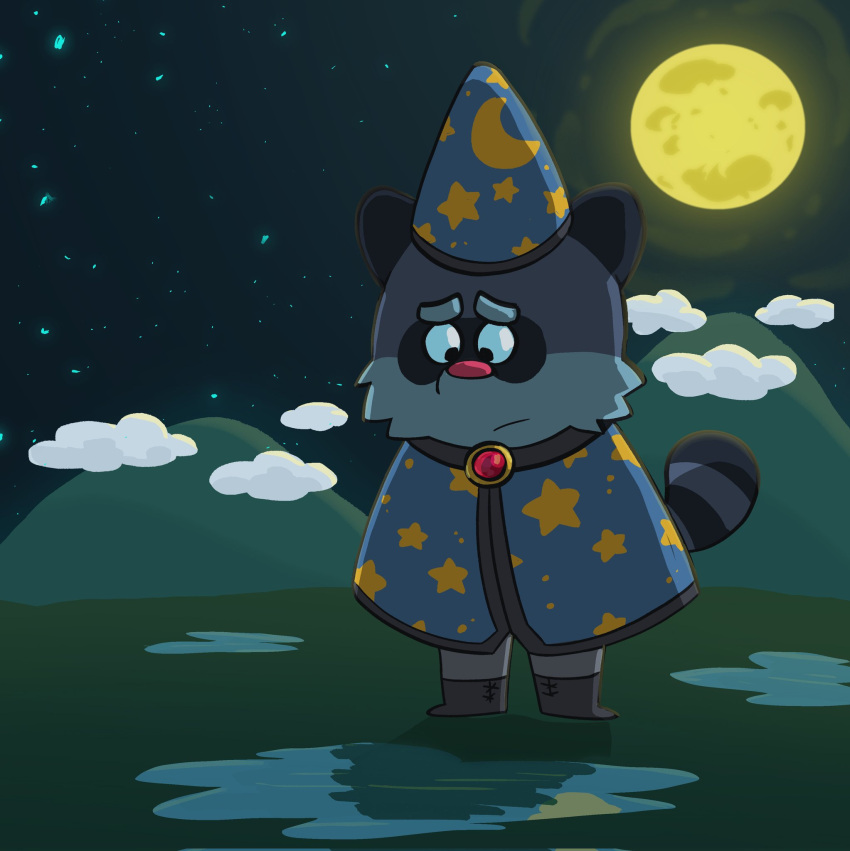 2022 anthro biped clothing cloud detailed_background grey_body halloween hat headgear headwear hi_res holidays luisalbertoguz magic_user mammal moon mountain night outside procyonid raccoon solo water