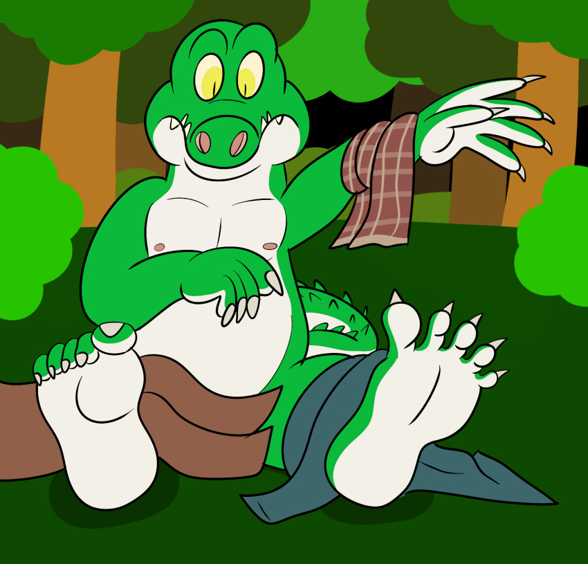 alligator alligatorid anthro clothing cregon crocodile crocodilian crocodylid discarded_clothing flat_colors forest green_body hi_res jolly_the_lizard jollyville male multicolored_body nipples plant reptile scalie solo tree two_tone_body white_body