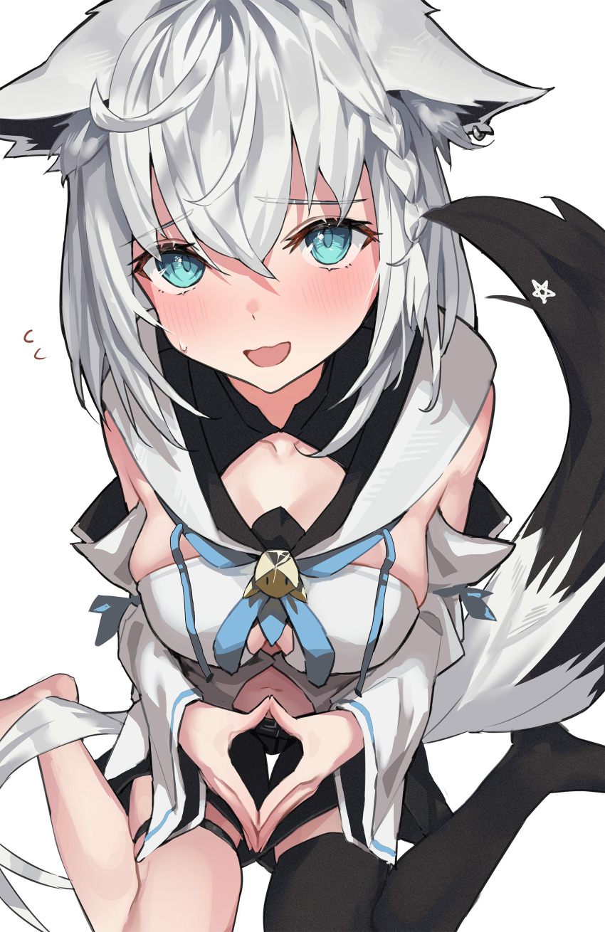 1girl absurdres ahoge animal_ear_fluff animal_ears aqua_eyes black_shorts black_tail black_thighhighs blush braid breasts detached_sleeves fox_ears fox_girl fox_tail from_above front_slit hair_between_eyes highres hololive large_breasts long_hair looking_at_viewer looking_up midriff multicolored_tail navel no_shoes open_mouth own_hands_together shirakami_fubuki shorts single_thighhigh sitting solo strapless susukawa_(susucawa) tail thigh_strap thighhighs virtual_youtuber wariza white_background white_hair white_sleeves white_tail wide_sleeves