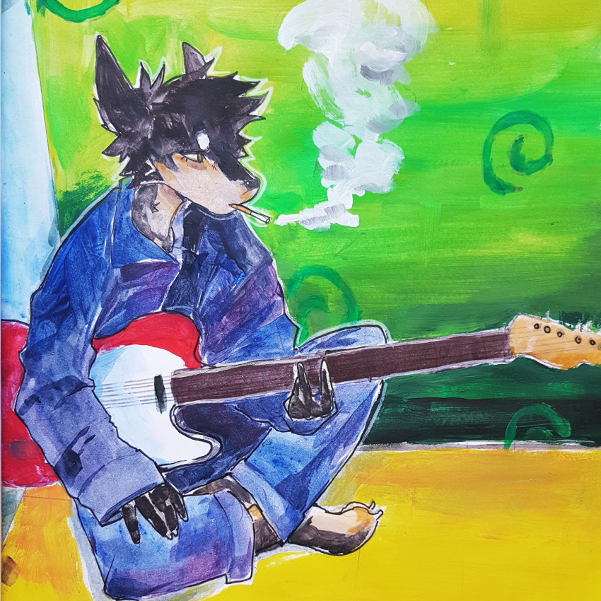 1:1 abstract_background akatan_art anthro black_body black_fur black_hair blue_bottomwear blue_clothing blue_pants blue_topwear bottomwear canid cheek_tuft cigarette clothed clothing denim denim_clothing facial_tuft full-length_portrait fur hair hi_res holding_guitar jeans male mammal mouth_closed narrowed_eyes pants portrait short_hair sitting smoke smoking solo tan_body tan_fur telecaster topwear tuft unsigned