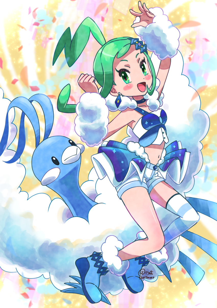 1girl absurdres altaria arm_above_head arm_warmers blue_footwear blue_skirt blush earrings full_body green_eyes green_hair highres jewelry lisia_(pokemon) looking_at_viewer midriff navel open_mouth pokemon pokemon_(creature) pokemon_(game) pokemon_oras shorts shorts_under_skirt single_thighhigh skirt thighhighs tonayon white_shorts