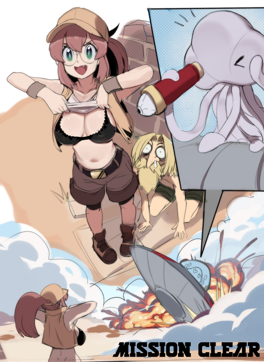 1girl absurdres alien baseball_cap boots bra breasts brown_eyes brown_hair clothes_lift crash crop_top fio_germi glasses hat highres knee_pads mars_people metal_slug midriff navel ponytail prisoner_of_war_(metal_slug) round_eyewear shirt_lift sho-n-d short_shorts shorts spyglass telescope tentacles ufo underwear vest