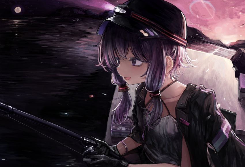 1girl :d a.i._voice baseball_cap black_gloves black_headwear black_jacket bracelet cooler fishing fishing_rod full_moon gloves hat highres holding holding_fishing_rod jacket jacket_on_shoulders jewelry long_hair low_twintails microa moon multicolored_sky open_clothes open_jacket open_mouth outdoors pink_sky purple_eyes purple_hair purple_sky searchlight sky smile solo star_(sky) sun tackle_box twintails vocaloid voiceroid water yuzuki_yukari yuzuki_yukari_(nagi)