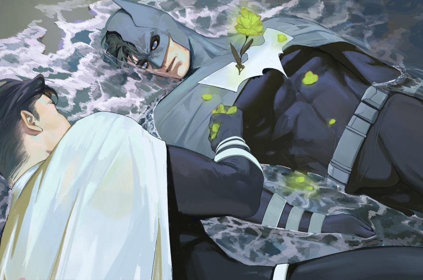 2boys batman batman_(series) belt black_bodysuit black_hair blue_eyes bodysuit bruce_wayne cape clark_kent dc_comics flower green_flower green_rose grey_belt grey_cape highres large_pectorals looking_at_another lying male_focus mask multiple_boys muscular muscular_male on_back pectorals rose short_hair superman superman_(series) torn_mask vhfmrdktybsjogv water white_cape