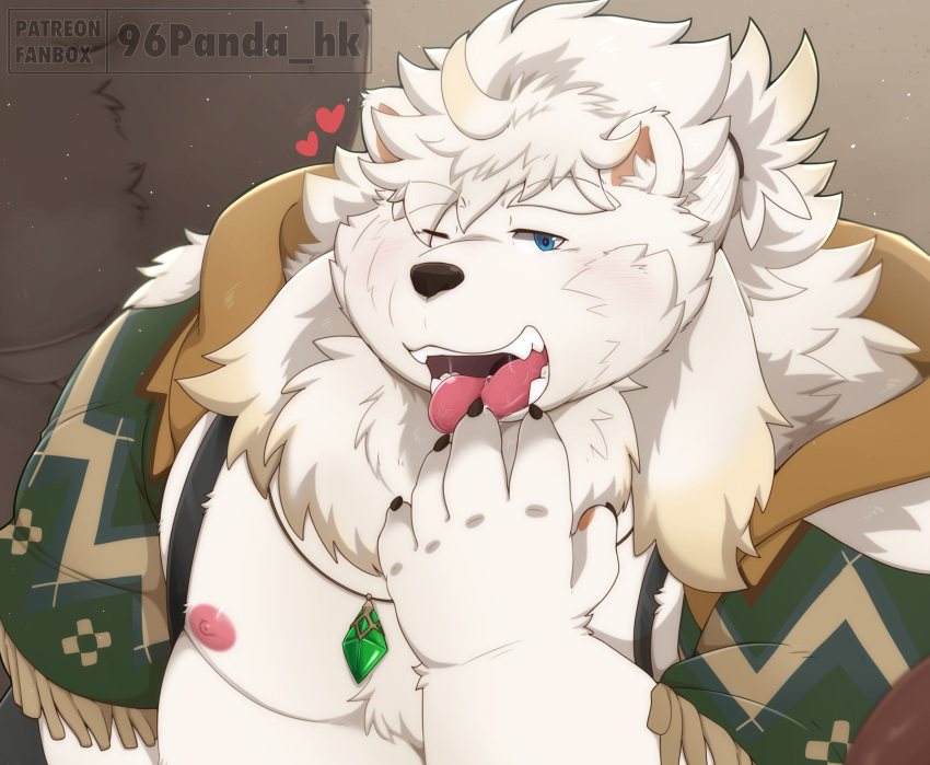 &lt;3 2022 96panda anima_(anothereidos_r) another_eidos_of_dragon_vein_r anthro belly big_belly blue_eyes canid canine fur hi_res humanoid_hands kemono male mammal moobs nipples one_eye_closed overweight overweight_male solo tongue tongue_out white_body white_fur wink