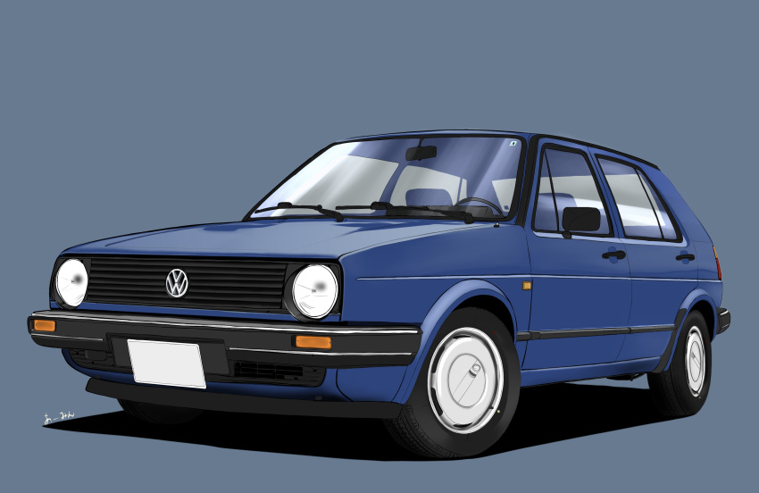 absurdres armin_cosworth blue_background car ground_vehicle headlight highres left-hand_drive license_plate motor_vehicle no_humans original simple_background vehicle_focus volkswagen volkswagen_golf