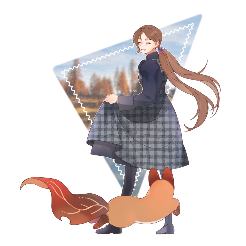 1girl absurdres black_pantyhose cheongdan_t closed_eyes creature dress facing_back grey_dress grey_footwear highres long_hair long_sleeves pantyhose plaid plaid_dress skirt_hold solo twintails