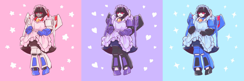 3boys arm_cannon blue_background character_request clothed_robot clothes_lift commentary_request decepticon heart highres lifted_by_self maid_headdress mecha multiple_boys pink_background purple_background red_eyes robot science_fiction shikida_2ss simple_background skirt skirt_lift skywarp star_(symbol) starscream transformers weapon