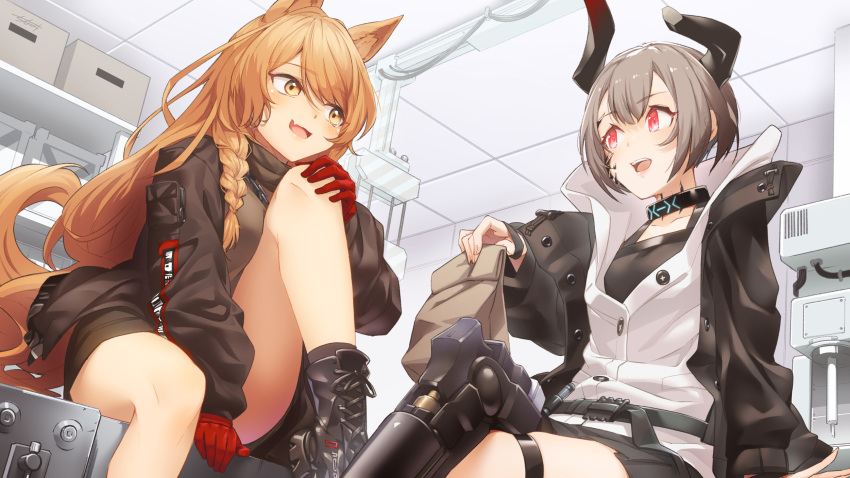 2girls animal_ear_fluff animal_ears arknights bag bangs black_footwear black_jacket black_shorts black_socks black_tank_top boots braid breasts brown_eyes brown_hair brown_shirt ceobe_(arknights) chain commentary_request cross-laced_footwear dog_ears dog_girl dog_tail eye_contact feet_out_of_frame gloves grey_hair hair_between_eyes highres holding holding_bag horns indoors jacket knee_up lace-up_boots long_hair long_sleeves looking_at_another medium_breasts multiple_girls paper_bag puffy_long_sleeves puffy_sleeves red_eyes red_gloves seto_tinami shirt short_shorts shorts sitting sleeves_past_wrists socks tail tank_top very_long_hair vulcan_(arknights) white_jacket