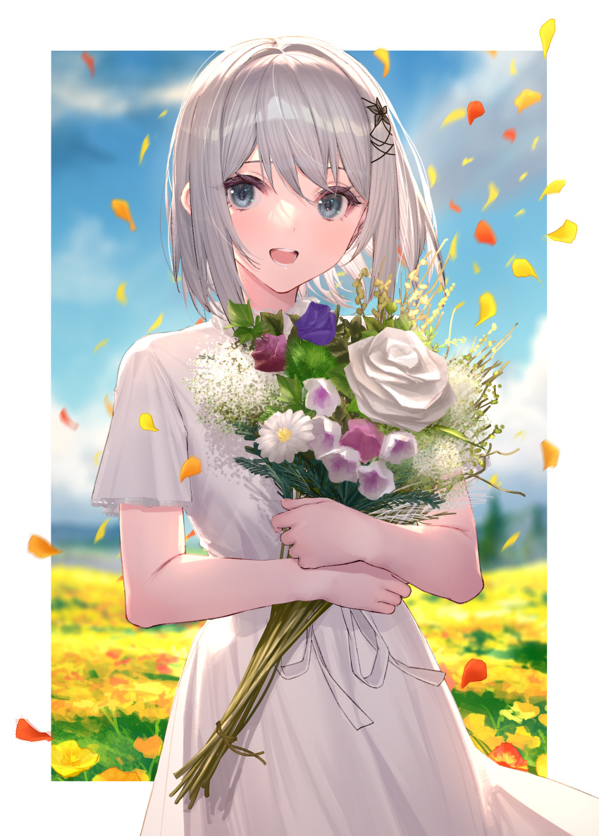 1girl absurdres blue_eyes blue_sky blurry blurry_background bouquet cloud commentary_request day dress field flower flower_field grey_hair hair_ornament highres holding holding_bouquet looking_at_viewer open_mouth original outdoors petals shiny shiny_hair short_hair short_sleeves sky solo takubon teeth white_dress