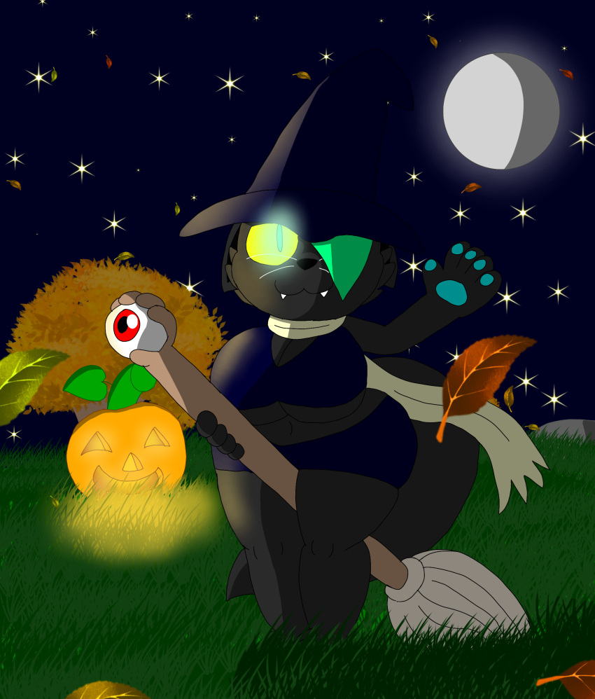 absurd_res anthro autumn big_breasts breasts cleaning_tool crossgender detailed_background domestic_cat eyeball felid feline felis female fluffy fluffy_tail glowing glowing_eyes grass halloween hi_res holidays huge_breasts jack-o'-lantern leaf looking_at_viewer mammal monterrioashmore moon mop night one_eye_obstructed plant rock sky solo star starry_sky widescreen zapzap