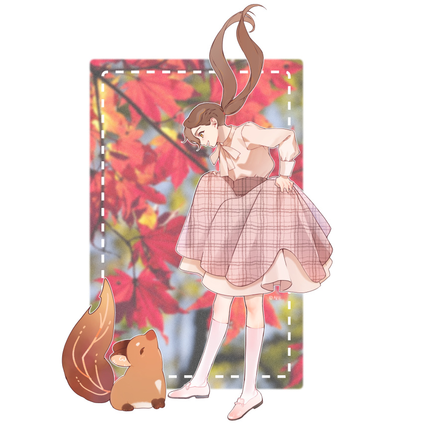 1girl absurdres brown_eyes brown_hair cheongdan_t creature highres kneehighs long_hair long_sleeves looking_at_animal pink_footwear pink_skirt plaid plaid_skirt skirt skirt_hold socks solo twintails unmoving_pattern white_socks