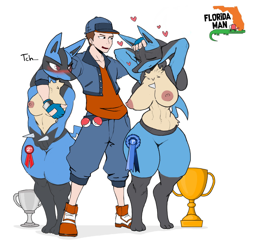 absurd_res anthro award big_breasts blue_body blue_fur breast_grab breasts canid canine clothing dominant feet female fox fur generation_4_pokemon group hand_on_breast hi_res hindpaw huge_breasts human humanoid interspecies jealous lucario male male/female mammal muscular nintendo nipples nude paws petting petting_head pokemon pokemon_(species) pokemon_trainer pokephilia simple_background size_difference submissive thick_thighs trophy video_games white_background wide_hips