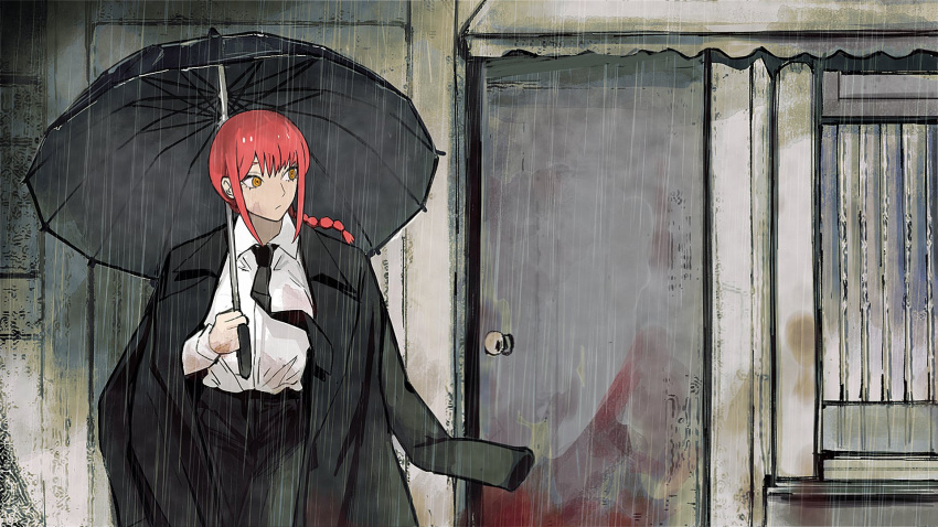 1girl bangs black_coat black_necktie black_pants black_umbrella blood_on_wall braid braided_ponytail breasts chainsaw_man coat coat_on_shoulders collared_shirt door formal highres holding holding_umbrella large_breasts long_coat long_hair looking_to_the_side makima_(chainsaw_man) necktie pants rain red_hair ringed_eyes sailen0 shirt sidelocks solo suit umbrella white_shirt yellow_eyes