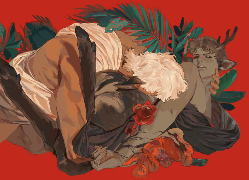 2boys animal_ears antlers bangs bare_shoulders between_legs black_robe black_sclera brown_hair brown_sclera colored_sclera dark-skinned_male dark_skin feet_up flower freckles goat_boy goat_ears hand_on_another's_neck highres hooves hug kiss kneeling looking_at_another looking_away looking_to_the_side lying male_focus mgong520 mismatched_sclera multiple_boys on_side one-eyed original palm_leaf red_background red_flower robe satyr scar scar_on_face short_hair simple_background veins white_eyes white_hair white_robe yaoi