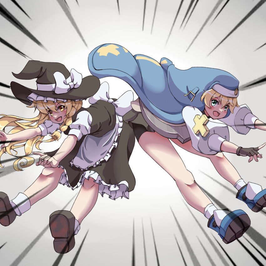 1boy 1girl :d apron aqua_eyes ass-to-ass back_bow bike_shorts black_footwear black_gloves black_headwear black_skirt black_vest blonde_hair blue_footwear blue_jacket bow bridget_(guilty_gear) english_commentary fingerless_gloves frilled_apron frilled_skirt frills full_body gameplay_mechanics gloves gradient gradient_background grey_background guilty_gear guilty_gear_strive hat hat_bow hat_ribbon highres hood hood_up hooded_jacket jacket kirisame_marisa long_hair long_sleeves motion_lines multiple_girls nun open_mouth otoko_no_ko praeto puffy_long_sleeves puffy_short_sleeves puffy_sleeves ribbon shirt shoe_soles shoes short_sleeves simple_background skirt smile socks touhou vest waist_apron white_apron white_bow white_ribbon white_shirt white_socks witch_hat yellow_eyes