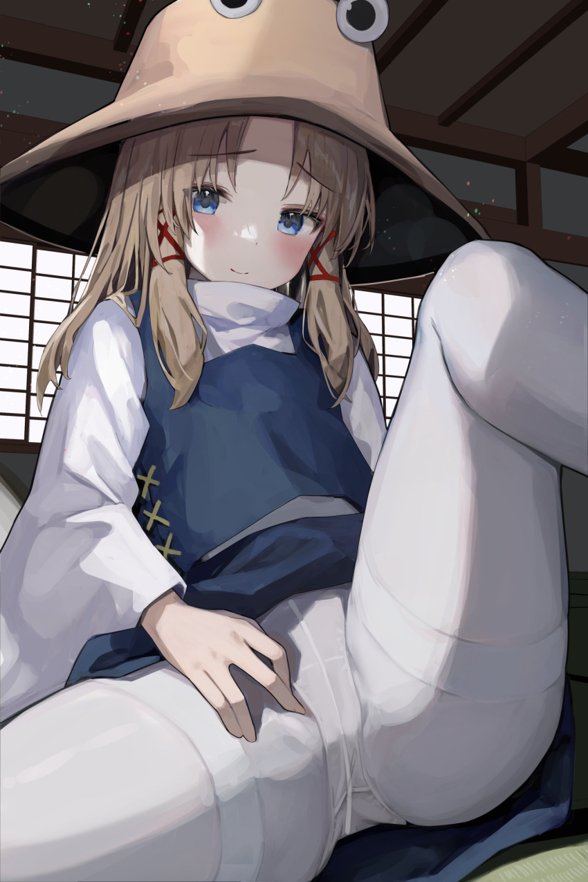 1girl ass blonde_hair blue_eyes hair_ribbon hat highres indoors light_smile looking_at_viewer mamemochi moriya_suwako pantyhose ribbon solo spread_legs tatami touhou window