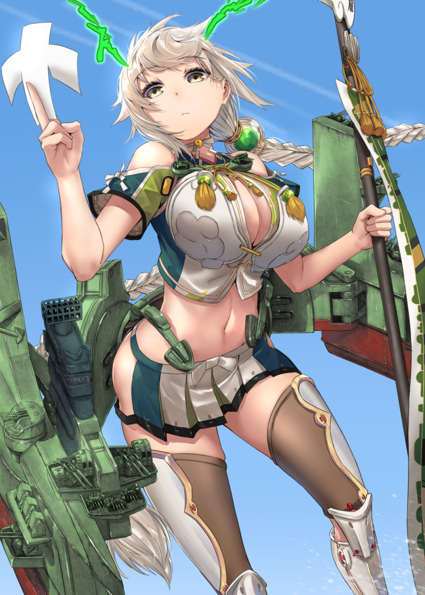 1girl absurdly_long_hair asymmetrical_hair braid breasts cleavage closed_mouth highres holding holding_staff kantai_collection large_breasts long_hair machinery navel rigging shikigami single_braid solo staff unryuu_(kancolle) very_long_hair white_hair yellow_eyes zombie_mogura