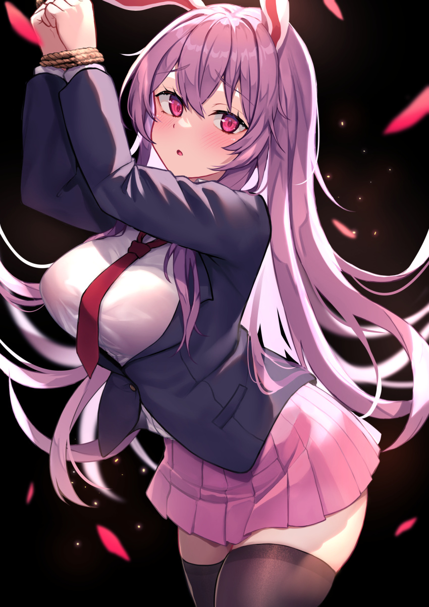 1girl animal_ears black_jacket black_thighhighs blazer blush breasts cowboy_shot hair_between_eyes highres jacket large_breasts light_purple_hair long_hair long_sleeves looking_at_viewer necktie open_clothes open_jacket parted_lips pink_skirt pleated_skirt rabbit_ears red_eyes red_necktie reisen_udongein_inaba rope shirt skirt solo thighhighs touhou white_shirt wowoguni