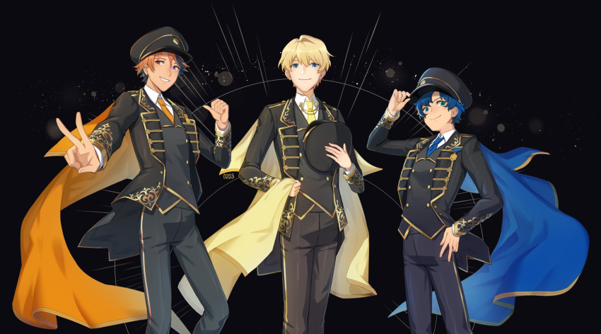 3boys absurdres aqua_eyes astel_leda bangs black_background black_hair black_headwear black_jacket black_pants black_vest blonde_hair blue_cape blue_eyes blue_necktie cape cape_grab collar_chain collared_shirt ear_chain earclip earrings feet_out_of_frame gold_trim grin hair_between_eyes hand_on_headwear hand_on_hip hat heterochromia highres holding holding_clothes holding_hat holostars jacket jewelry kishido_temma looking_at_viewer male_focus mole mole_under_eye mono_(bluesky) multicolored_hair multiple_boys necktie official_alternate_costume open_clothes open_jacket orange_cape orange_eyes orange_hair orange_necktie pants peaked_cap pointing pointing_at_self purple_eyes shirt short_hair smile streaked_hair stud_earrings suntempo thumbs_up v vest virtual_youtuber white_shirt yellow_cape yellow_necktie yukoku_roberu