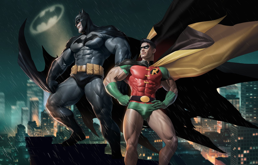 2boys bara batman batman_(series) beard black_cape black_gloves black_hair bodysuit boots bruce_wayne cape closed_mouth covered_abs dc_comics dick_grayson domino_mask facial_hair gloves green_gloves grey_bodysuit hands_on_hips highres large_pectorals male_focus mask multiple_boys muscular muscular_male night night_sky outdoors pectorals robin_(dc) short_hair silverjow sky thick_thighs thighs