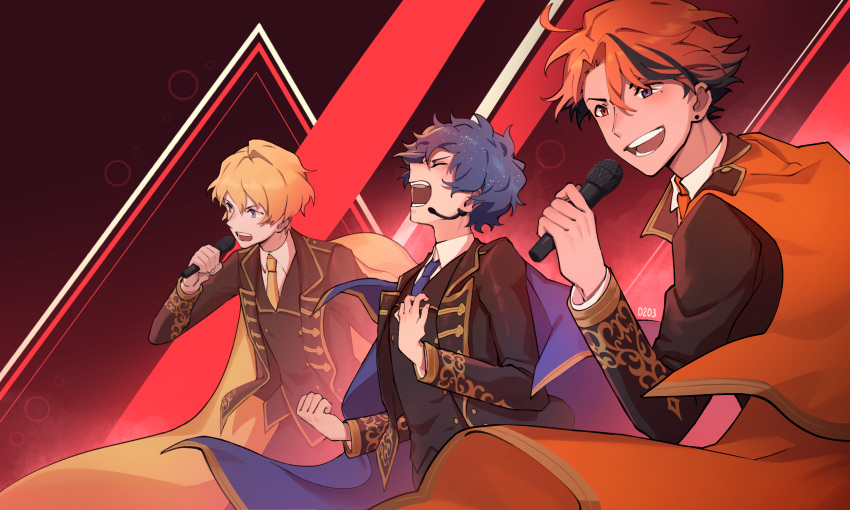 3boys :d astel_leda bangs black_hair black_jacket black_pants black_vest blonde_hair blue_cape blue_eyes blue_necktie cape closed_eyes collared_shirt earrings gold_trim grin hair_between_eyes hand_on_own_chest heterochromia highres holding holding_microphone holostars jacket jewelry kishido_temma looking_ahead male_focus microphone mole mole_under_eye mono_(bluesky) multicolored_hair multiple_boys music necktie official_alternate_costume open_clothes open_jacket open_mouth orange_cape orange_eyes orange_hair orange_necktie pants parted_bangs purple_eyes red_background shirt short_hair singing smile streaked_hair stud_earrings suntempo teeth upper_body vest virtual_youtuber white_shirt yellow_cape yellow_necktie yukoku_roberu