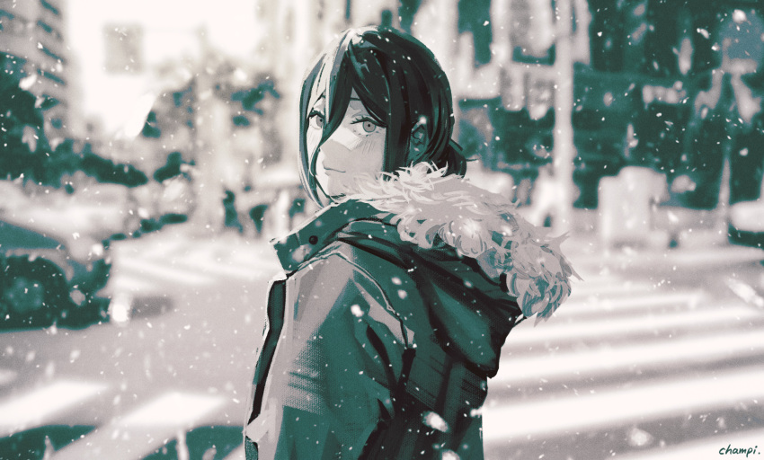 1girl blurry blurry_background blush building car chainsaw_man champi fur_collar greyscale ground_vehicle hair_between_eyes highres hood hoodie jacket looking_at_viewer monochrome motor_vehicle muted_color palm_tree reze_(chainsaw_man) road smile snowing solo starbucks street tree