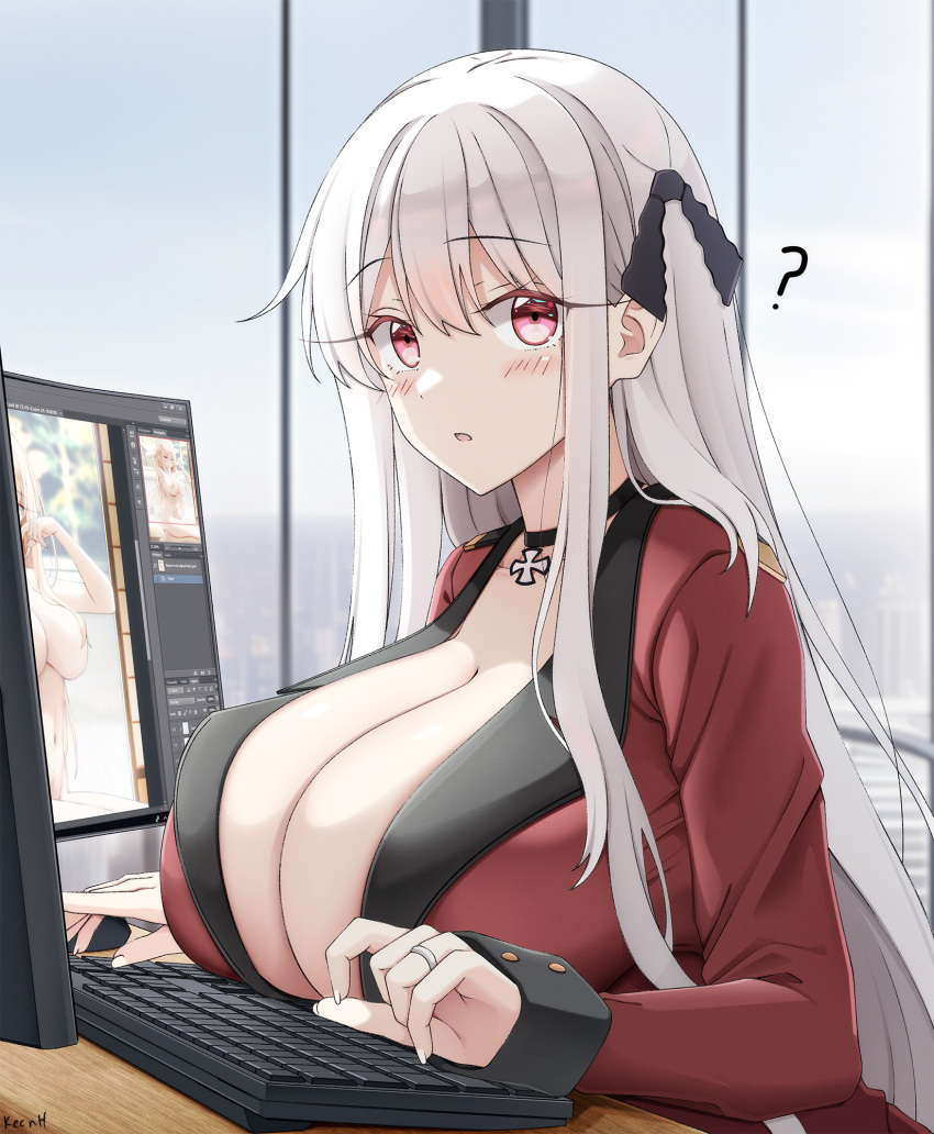 1girl ? adobe_photoshop bangs black_choker blonde_hair blush breasts choker cleavage commentary_request girls'_frontline hair_ornament highres huge_breasts indoors jewelry kar98k_(girls'_frontline) keenh keyboard_(computer) long_hair long_sleeves looking_at_viewer looking_to_the_side monitor parted_lips pink_eyes ring solo white_hair