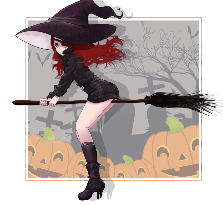 1girl ass bare_tree black_dress black_footwear black_headwear black_jacket black_socks boots breasts broom broom_riding closed_mouth copyright_request dress drop_shadow eyepatch floating_hair from_side grey_eyes hat highres jack-o'-lantern jacket lawnielle long_hair long_sleeves looking_at_viewer looking_to_the_side medium_breasts panties red_hair red_panties socks solo tombstone tree underwear witch_hat