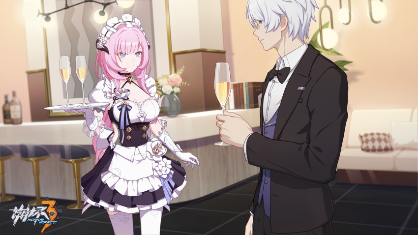 1boy 1girl alcohol alternate_costume apron bar_(place) black_bow black_bowtie black_jacket black_pants blue_eyes book bow bowtie breasts chair champagne champagne_flute cleavage closed_mouth collared_shirt couch cup dress drinking_glass elf elysia_(honkai_impact) elysia_(miss_pink_elf)_(honkai_impact) enmaided formal frilled_dress frills gloves grey_vest highres holding holding_cup honkai_(series) honkai_impact_3rd indoors jacket kevin_kaslana long_hair long_sleeves looking_at_another maid maid_apron maid_headdress official_art pants pink_hair pointy_ears shirt smile thighhighs vest white_gloves white_hair white_shirt white_thighhighs