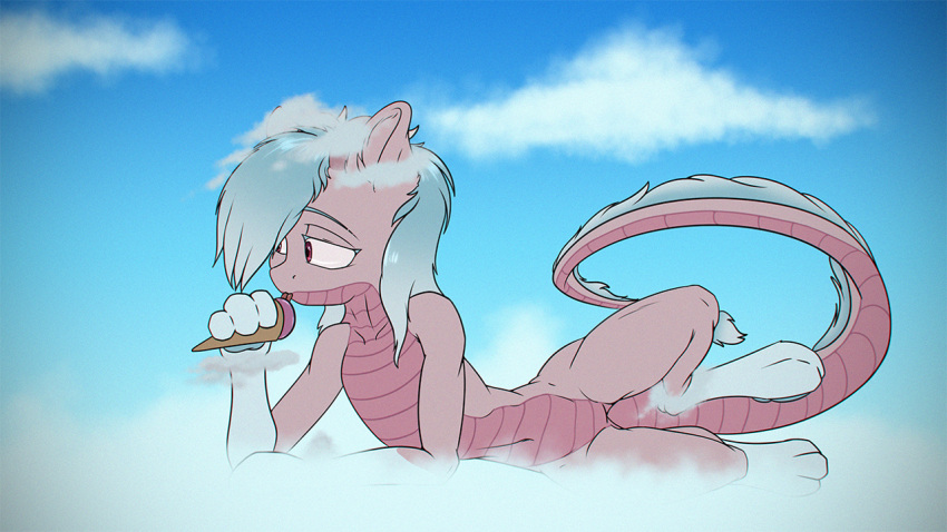 anthro blue_hair chaosangeldesu cloudscape dessert dragon food friendship_is_magic gradient_hair hair hasbro head_tuft ice_cream ice_cream_cone leg_tuft lidded_eyes looking_away lying male my_little_pony on_side partly_cloud paw_tuft pawpads pink_body pink_scales red_eyes scaled_underbelly scales scaly_tail sky solo tail_tuft tuft