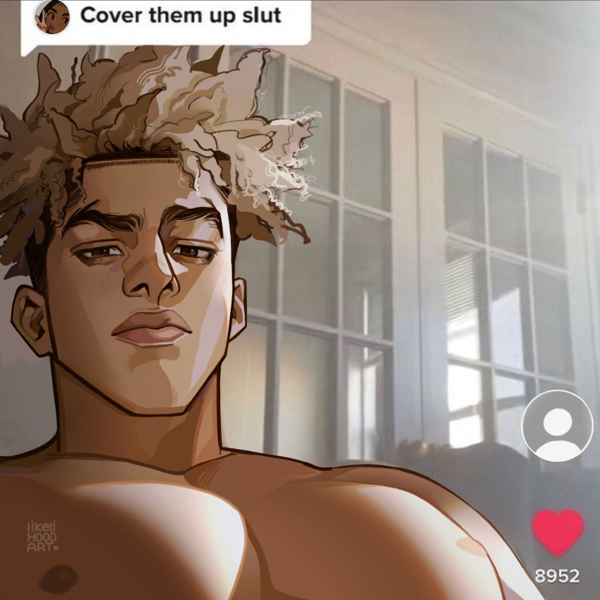 1boy afro artist_name bara blonde_hair brown_eyes cover_them_up_slut_(meme) dark-skinned_male dark_skin dialogue_box highres large_pectorals likelihood_art meme muscular muscular_male nipples original pectoral_focus pectorals tiktok topless_male undercut user_interface