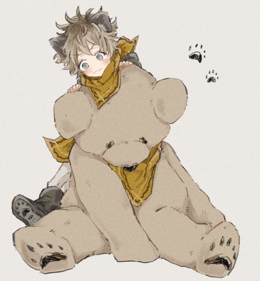 1boy aged_down animal_ears ankle_boots bangs blonde_hair boots brown_hair child climbing full_body grey_eyes grey_footwear hands_up highres hyena_boy hyena_ears light_brown_hair long_sleeves looking_away looking_down male_child male_focus matching_outfit necomu pants paw_print paw_print_soles ruggie_bucchi scarf short_hair simple_background smile solo stuffed_animal stuffed_toy teddy_bear twisted_wonderland white_pants yellow_scarf