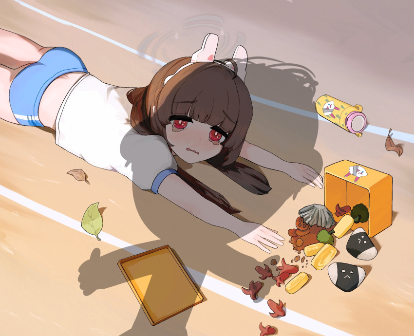 1girl animal_ears apu_spills_his_tendies_(meme) ass bangs bento black_hair blue_archive bonefire0909 bottle buruma commentary_request crying crying_with_eyes_open eyes_visible_through_hair fake_animal_ears fallen_down food food_art gym_shirt hairband halo highres leaf long_hair looking_at_viewer lying meme miyu_(blue_archive) official_alternate_costume omelet on_stomach onigiri out_of_frame parody parted_lips rabbit_ears red_eyes running_track sad sensei_(blue_archive) shirt short_sleeves sidelocks silhouette solo tako-san_wiener tamagoyaki tears water_bottle