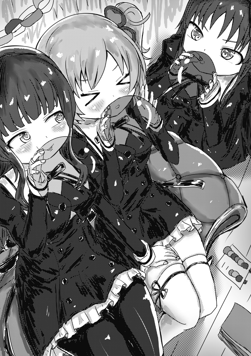 &gt;_&lt; 3girls absurdres ao_daidai_ki assault_lily balloon bangs blunt_bangs blush buttons closed_eyes clover commentary couch cropped_jacket four-leaf_clover frilled_skirt frills from_above greyscale halftone hand_on_another's_thigh hand_up hands_up high-waist_skirt highres hitotsuyanagi_riri holding holding_balloon indoors inflating juliet_sleeves kaede_johan_nouvel leg_ribbon long_hair long_sleeves looking_at_another looking_to_the_side miniskirt monochrome multiple_girls neck_ribbon on_couch on_floor one_side_up pantyhose parted_lips puffy_sleeves raised_eyebrows ribbon school_uniform shirai_yuyu short_hair side-by-side sidelocks sideways_glance sitting skirt smirk swept_bangs thigh_ribbon thighhighs transparent v-shaped_eyebrows yuri yurigaoka_girls_academy_school_uniform zettai_ryouiki