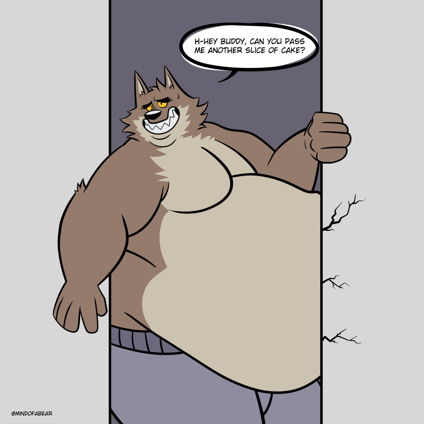 absurd_res anthro belly big_belly canid canine canis clothing cracks doorway dreamworks fattytober hi_res male mammal mindof moobs mr._wolf_(the_bad_guys) overweight overweight_male sweatpants the_bad_guys tight_clothing tight_fit weight_gain wolf