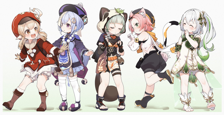 5girls :d :o absurdres ahoge animal_ears animal_hood bangs_pinned_back bare_shoulders beret black_footwear black_headwear black_shorts blonde_hair bloomers blue_dress blue_hair boots braid brown_eyes brown_footwear brown_hair cabbie_hat cat_ears cat_girl cat_tail closed_eyes closed_mouth commentary_request cropped_jacket diona_(genshin_impact) dress fake_animal_ears fishnets forehead genshin_impact gradient gradient_background green_background green_eyes green_hair grey_background grey_hair hair_ornament hat highres hood hood_up jacket klee_(genshin_impact) kneehighs leaf leaf_on_head light_blue_hair light_green_hair long_hair long_sleeves looking_at_another looking_at_viewer low_twintails multicolored_hair multiple_girls nahida_(genshin_impact) ofuda open_mouth parted_lips pink_hair pointy_ears puffy_shorts purple_eyes purple_headwear purple_jacket qing_guanmao qiqi_(genshin_impact) red_dress red_headwear ribbed_socks sayu_(genshin_impact) shadow shoes short_hair short_shorts shorts side_ponytail single_braid sleeveless sleeveless_dress smile socks standing standing_on_one_leg stirrup_footwear streaked_hair tail thighhighs twintails underwear very_long_hair white_bloomers white_dress white_hair white_socks white_thighhighs wide_sleeves yukie_(kusaka_shi)