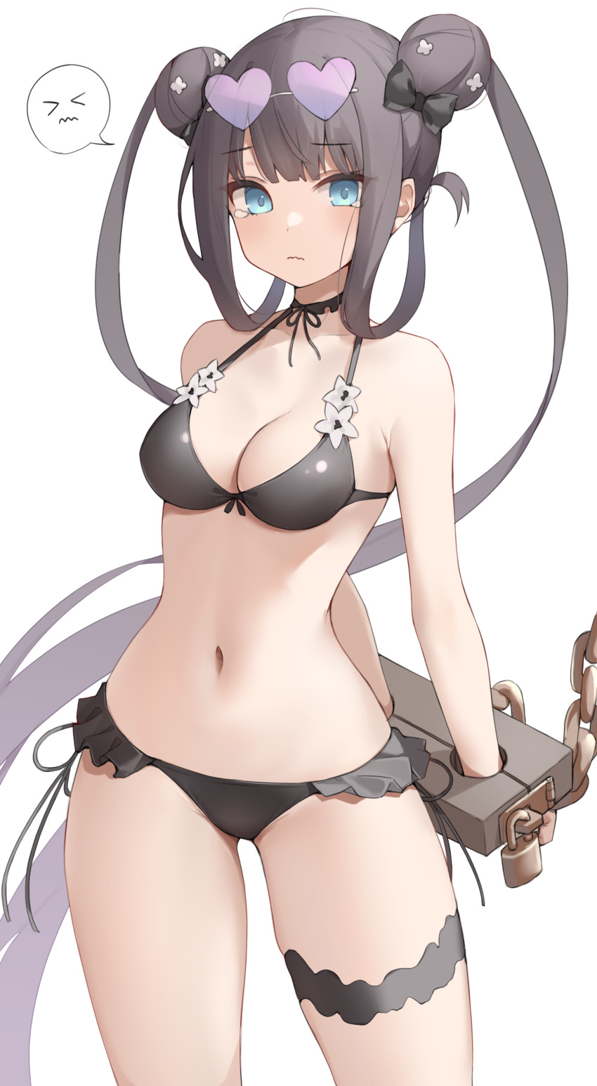 1girl absurdres arms_behind_back bangs bikini black_bikini blue_eyes blush breasts chain choker cleavage collarbone cuffs double_bun eyewear_on_head fate/grand_order fate_(series) hair_bun heart heart-shaped_eyewear highres kopaka_(karda_nui) large_breasts long_hair looking_at_viewer navel purple-tinted_eyewear purple_hair shackles sidelocks stocks sunglasses swimsuit thighs tinted_eyewear twintails very_long_hair yang_guifei_(fate) yang_guifei_(honey_lake)_(fate)