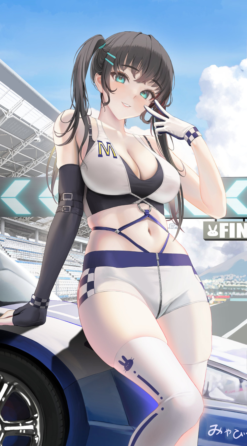 1girl absurdres arm_support asymmetrical_gloves bare_shoulders black_gloves black_hair blue_eyes breasts car cleavage crop_top day elbow_gloves fingerless_gloves garter_straps gloves grin ground_vehicle hair_ornament hairclip hand_up highres large_breasts long_hair looking_at_viewer midriff motor_vehicle navel original outdoors race_queen revealing_clothes shirt short_shorts shorts sidelocks skindentation sleeveless sleeveless_shirt smile solo sports_car stadium standing stomach thighhighs thighs tokkihouse twintails two-tone_shirt v white_gloves white_shorts white_thighhighs wristband