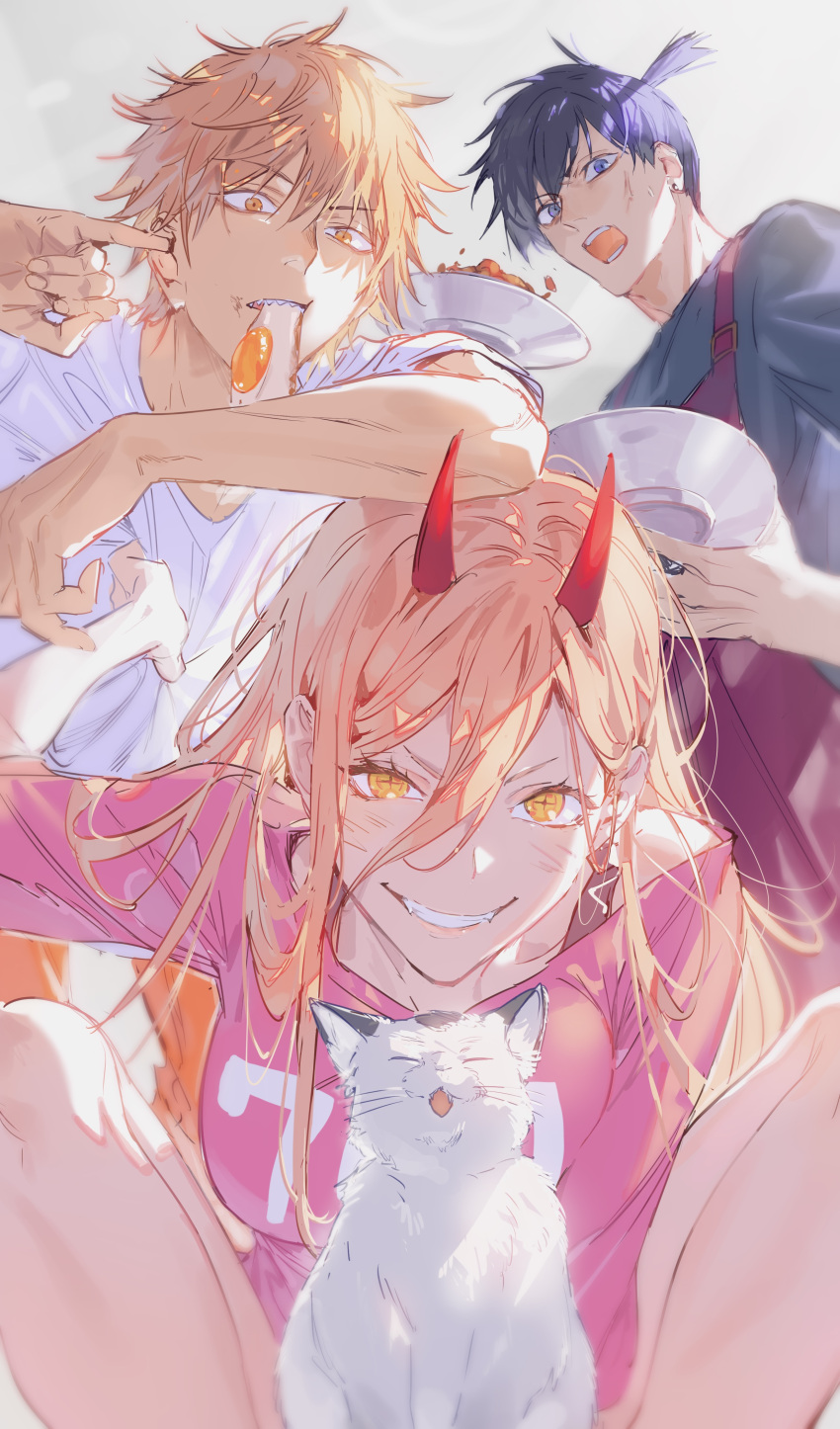 1girl 2boys absurdres animal apron bikkusama blonde_hair blue_eyes blue_hair blue_shirt breakfast casual cat chainsaw_man cross-shaped_pupils demon_girl demon_horns denji_(chainsaw_man) earrings egg finger_in_ear food food_in_mouth fried_egg from_below grin hayakawa_aki highres holding holding_plate horns jewelry long_hair looking_at_viewer meowy_(chainsaw_man) multiple_boys open_mouth pink_shirt plate power_(chainsaw_man) red_horns sharp_teeth shirt shirt_grab short_hair smile teeth thighs topknot white_cat white_shirt yellow_eyes