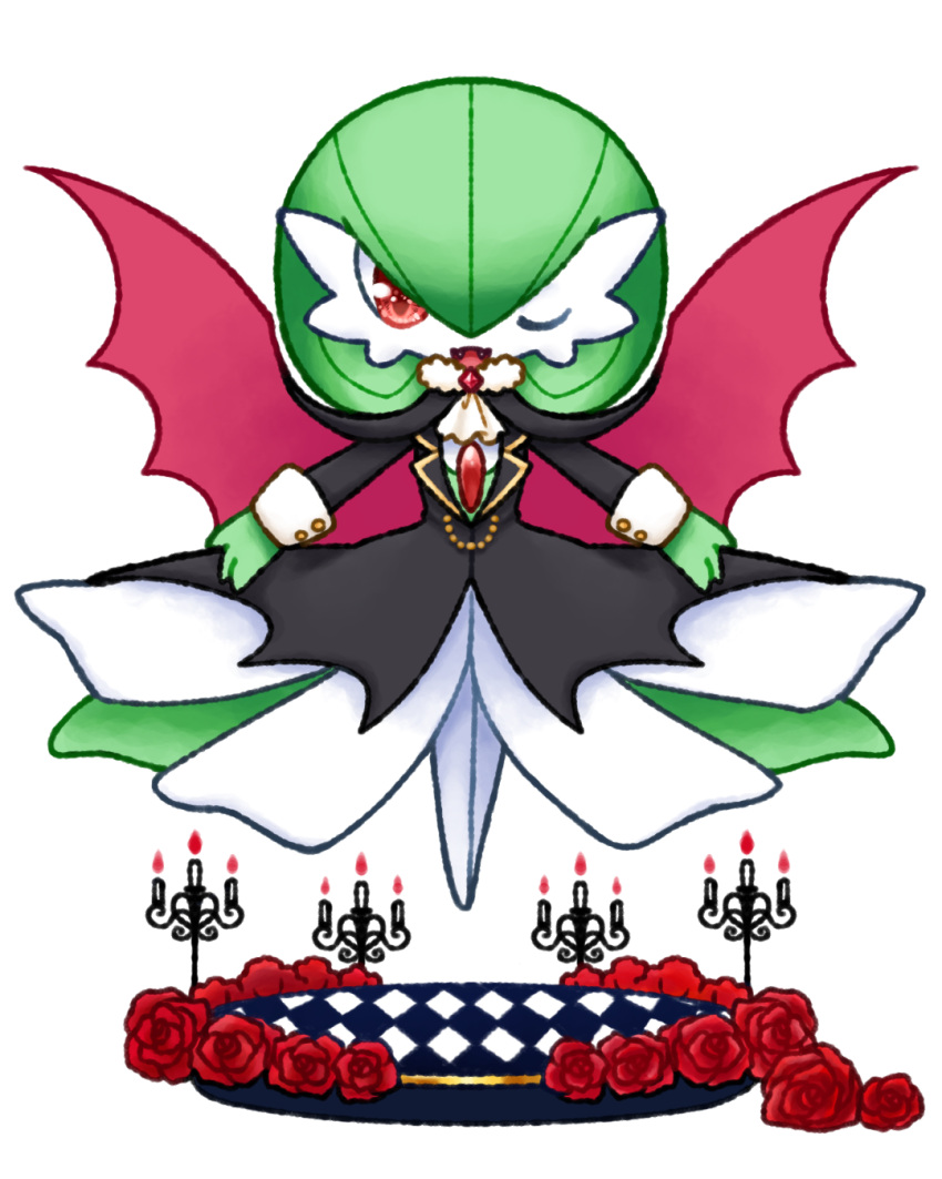 bat_wings chandelier chibi costume dress flower gardevoir green_hair halloween halloween_costume highres jewelry muguet no_feet one_eye_closed pokemon red_eyes rose smile vampire_costume wings