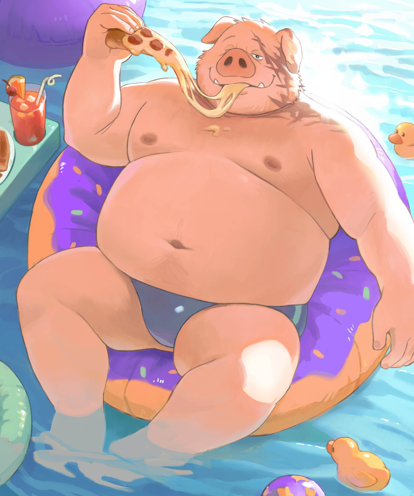2022 absurd_res anthro belly big_belly detailed_background domestic_pig eating food hi_res humanoid_hands huynhduyad14 male mammal moobs navel nipples outside overweight overweight_male pizza pizza_slice solo suid suina sus_(pig)