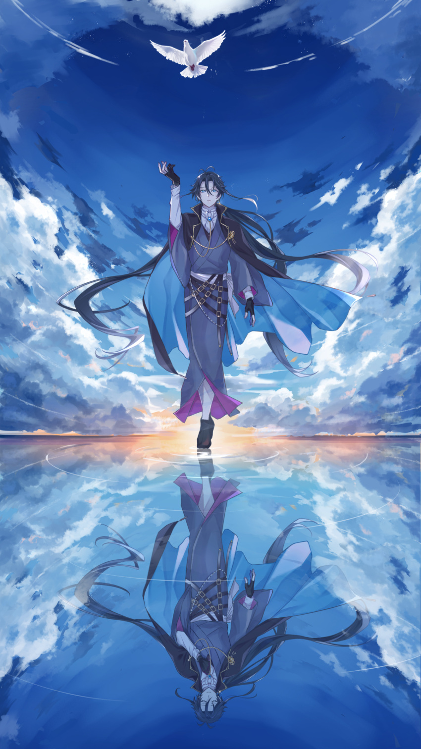 1boy akutagawa_ryuunosuke_(bungou_to_alchemist) antenna_hair arm_at_side arm_up ascot belt bird black_cape black_footwear black_gloves black_hair blue_eyes blue_sky brooch bungou_to_alchemist cape closed_eyes cloud different_reflection dove fingerless_gloves full_body gears gloves grey_kimono hair_between_eyes hand_on_own_chest highres japanese_clothes jewelry kimono lapel_pin looking_at_animal looking_up low_ponytail male_focus multiple_belts parted_lips partially_fingerless_gloves reflection ripples sachicoxx shirt sky solo standing standing_on_liquid sunrise two-sided_fabric water white_ascot white_shirt