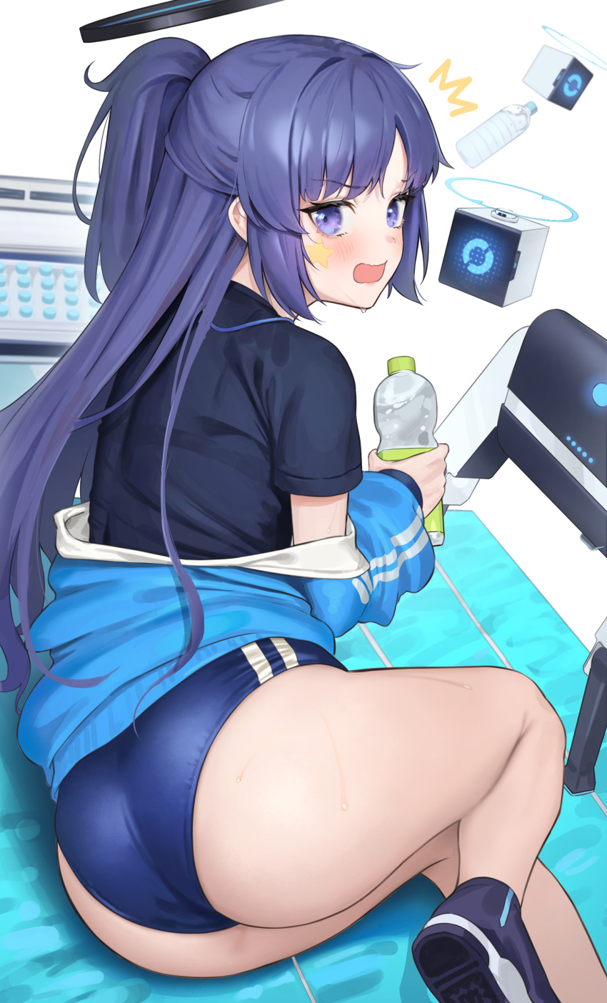 1girl absurdres ass bare_legs black_shirt blue_archive blue_buruma blush bottle buruma floating floating_object foot_out_of_frame halo highres holding holding_bottle ildy leaning_to_the_side long_hair long_sleeves looking_at_viewer looking_back looking_up off_shoulder official_alternate_costume open_mouth purple_eyes shirt shoes short_sleeves sitting sneakers solo star_sticker sticker_on_face thighs water_bottle wet yuuka_(blue_archive) yuuka_(gym_uniform)_(blue_archive)