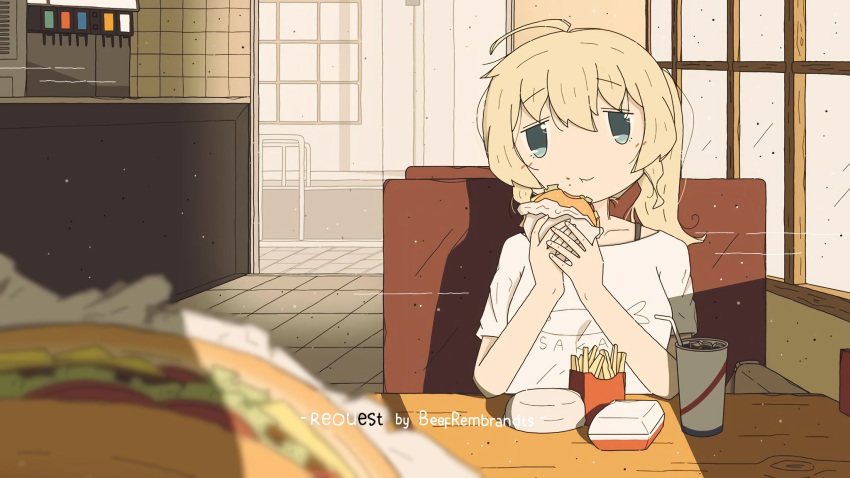 1girl ahoge blonde_hair blue_eyes burger cup drink eating food french_fries hair_between_eyes highres long_hair looking_at_viewer off_shoulder parisetya ponytail shirt shoujo_shuumatsu_ryokou solo t-shirt yuuri_(shoujo_shuumatsu_ryokou)