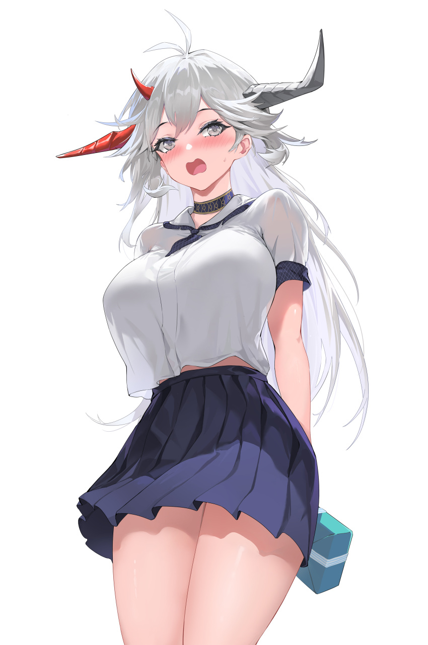 1girl absurdres alternate_costume ano_(madoka23) arms_behind_back asymmetrical_horns azur_lane black_skirt blush box breasts cowboy_shot from_below full-face_blush gift gift_box grey_eyes hakuryuu_(azur_lane) highres holding holding_box horns large_breasts long_hair miniskirt open_mouth pleated_skirt red_horns school_uniform see-through_silhouette shirt short_sleeves simple_background skirt solo white_background white_hair white_horns white_shirt
