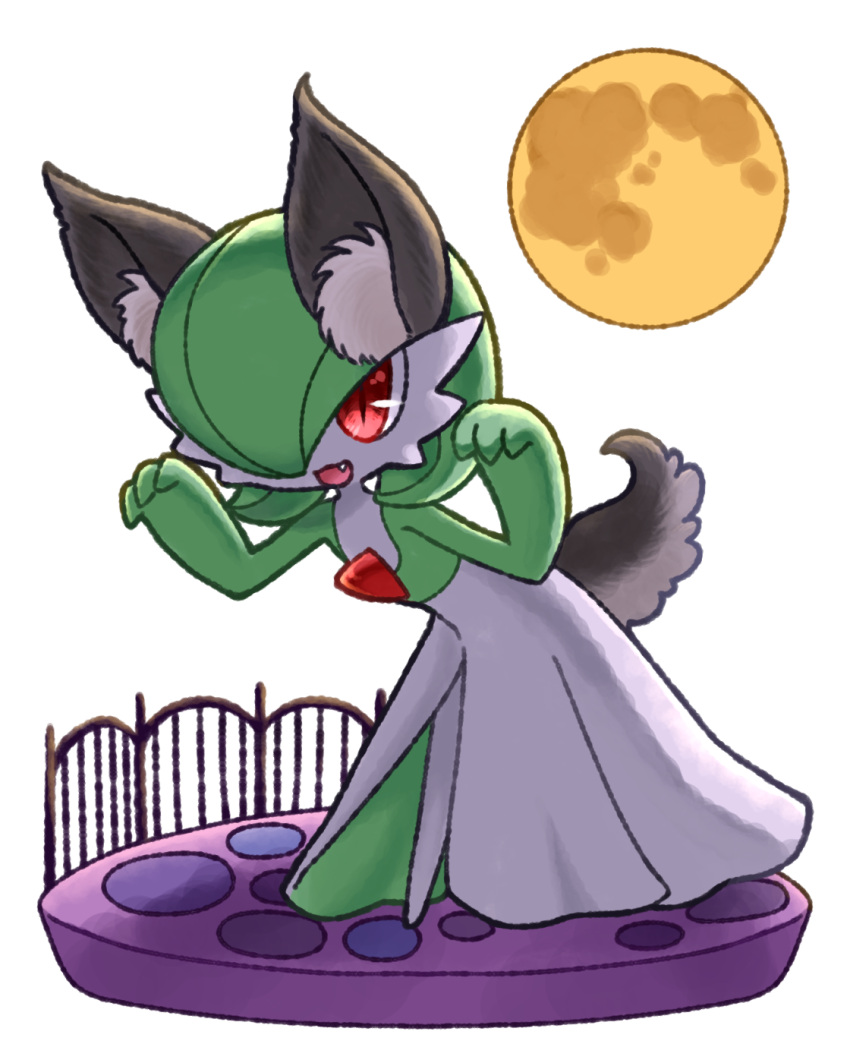 animal_ears chibi costume dress full_moon gardevoir green_hair halloween halloween_costume highres moon muguet no_feet pokemon red_eyes simple_background solo tail white_background wolf_ears