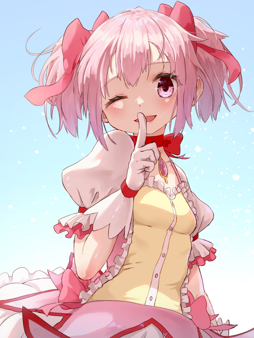 1girl blue_background breasts dress finger_to_mouth gloves hair_ribbon highres kaname_madoka magical_girl mahou_shoujo_madoka_magica neck_ribbon one_eye_closed open_mouth pink_dress pink_eyes pink_hair pink_ribbon puella_anko puffy_short_sleeves puffy_sleeves red_ribbon ribbon short_hair short_sleeves short_twintails shushing small_breasts smile solo twintails upper_body white_gloves