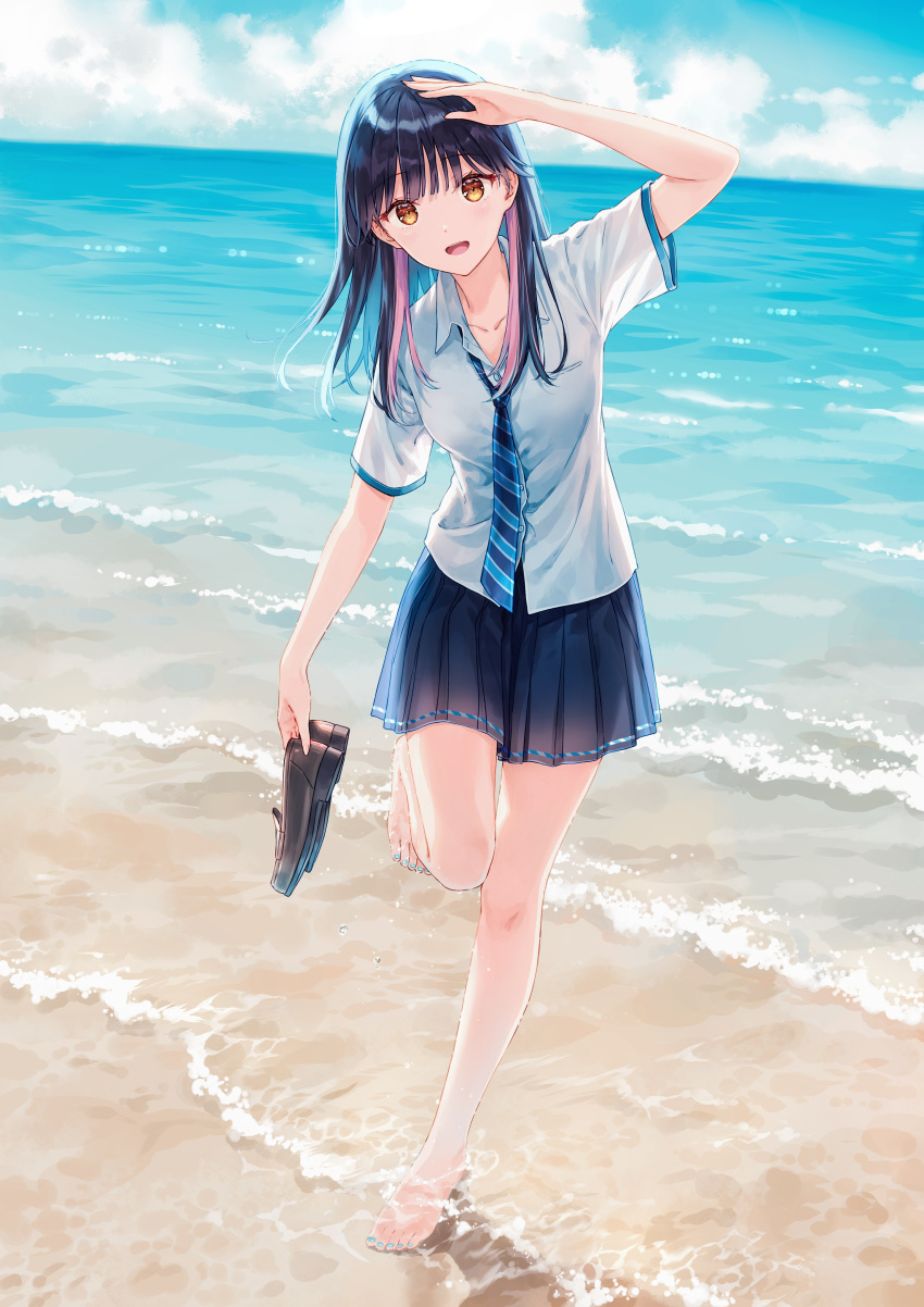 1girl absurdres bangs barefoot beach black_hair blue_hair blue_skirt blue_sky brown_eyes cloud collared_shirt colored_inner_hair commentary_request day dengeki_bunko feet full_body highres hiten_(hitenkei) holding holding_shoes long_hair looking_at_viewer multicolored_hair ocean outdoors pink_hair pleated_skirt school_uniform second-party_source shirt shoes short_sleeves skirt sky solo streaked_hair toes two-tone_hair white_shirt